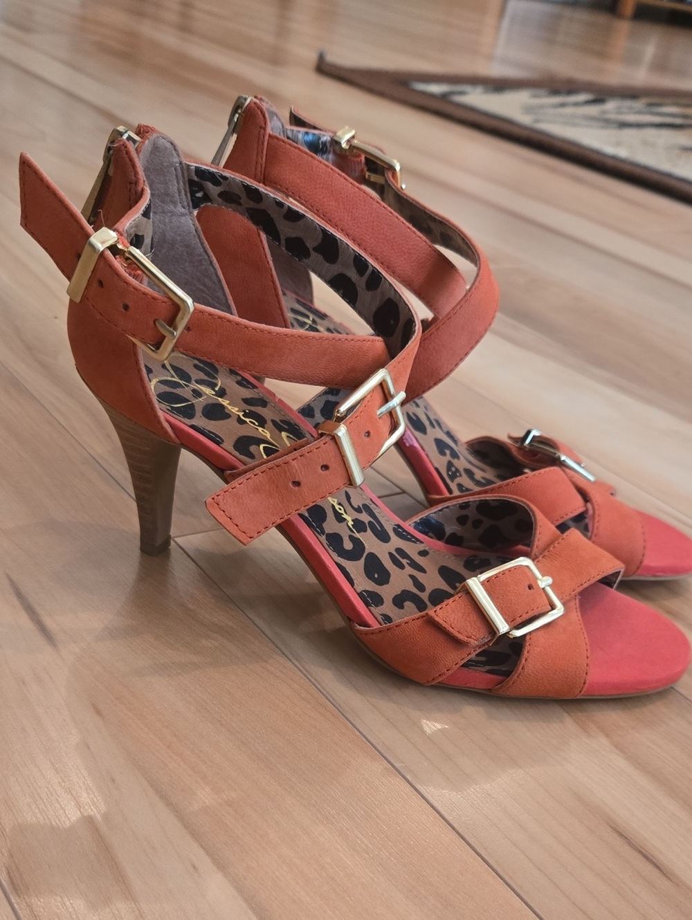 Jessica Simpson Women’s Strappy Buckle High-Heel Sandals in Burnt Orange